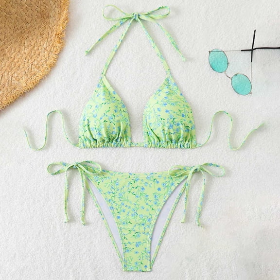 Women's Sexy Bikini Sets Bow Decor Tiny Floral Print Bikini Swimsuits Tie Side Triangle Bathing Suits