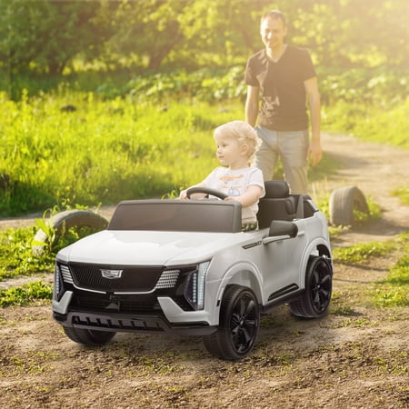 Qaba 2-Seater Ride on Truck, 12V 10AH Cadillac Escalade Licensed Kids Electric Car w/ Remote, 4 Spring Suspension Wheels, Lights, Music Horn, White