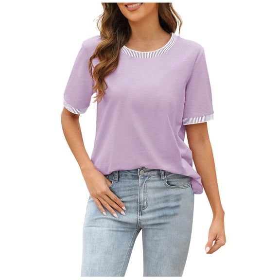 Women's Summer T-Shirts Short Sleeve Striped Color Block Crewneck Loose Casual Tee Comfortable Breathable Fashion Top
