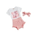thumbnail image 2 of Yunliwuli Baby Girl Summer Clothes Letter Print Short Sleeve Romper with Solid Color Ruffled Shorts and Headband Outfits, 2 of 10