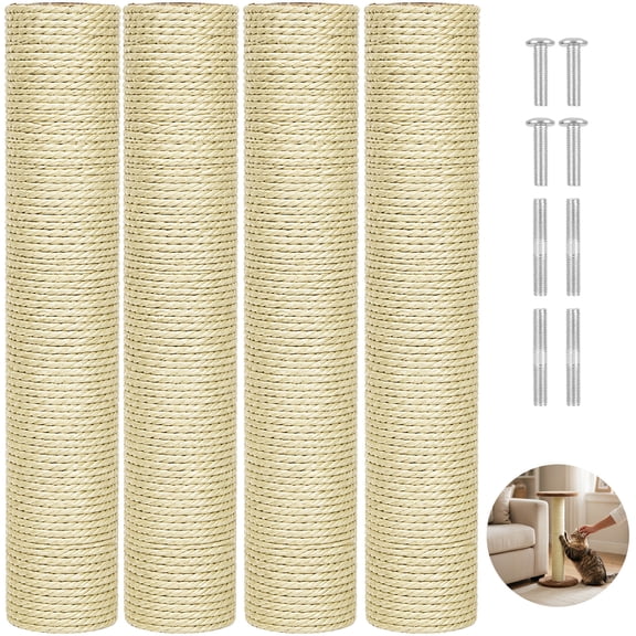 4 Pcs Cat Scratching Post Replacement with M8 Screws, 2.8 x 15.7 in Sisal Cat Tree Replacement Posts, Natural Sisal Pole for Indoor Cats Furniture Protector DIY Repair