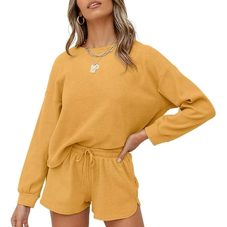 

CHENXINGYGG Women s Waffle Knit Long Sleeve Top and Shorts Pullover Nightwear Lounge Pajama Set with Pockets