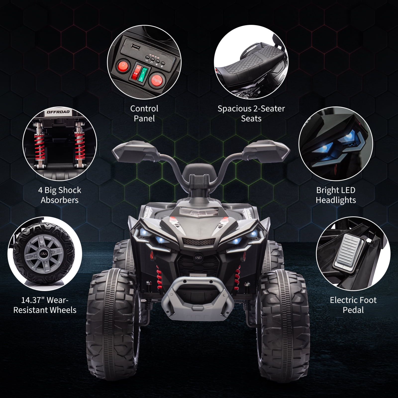24V 2-Seater Electric Kids ATV Ride-On Car – Dual 550W Motors, Off-Road 4-Wheeler, 14.4'' Wheels, LED Lights, Music, High/Low Speed, For Boys & Girls Ages 3-8