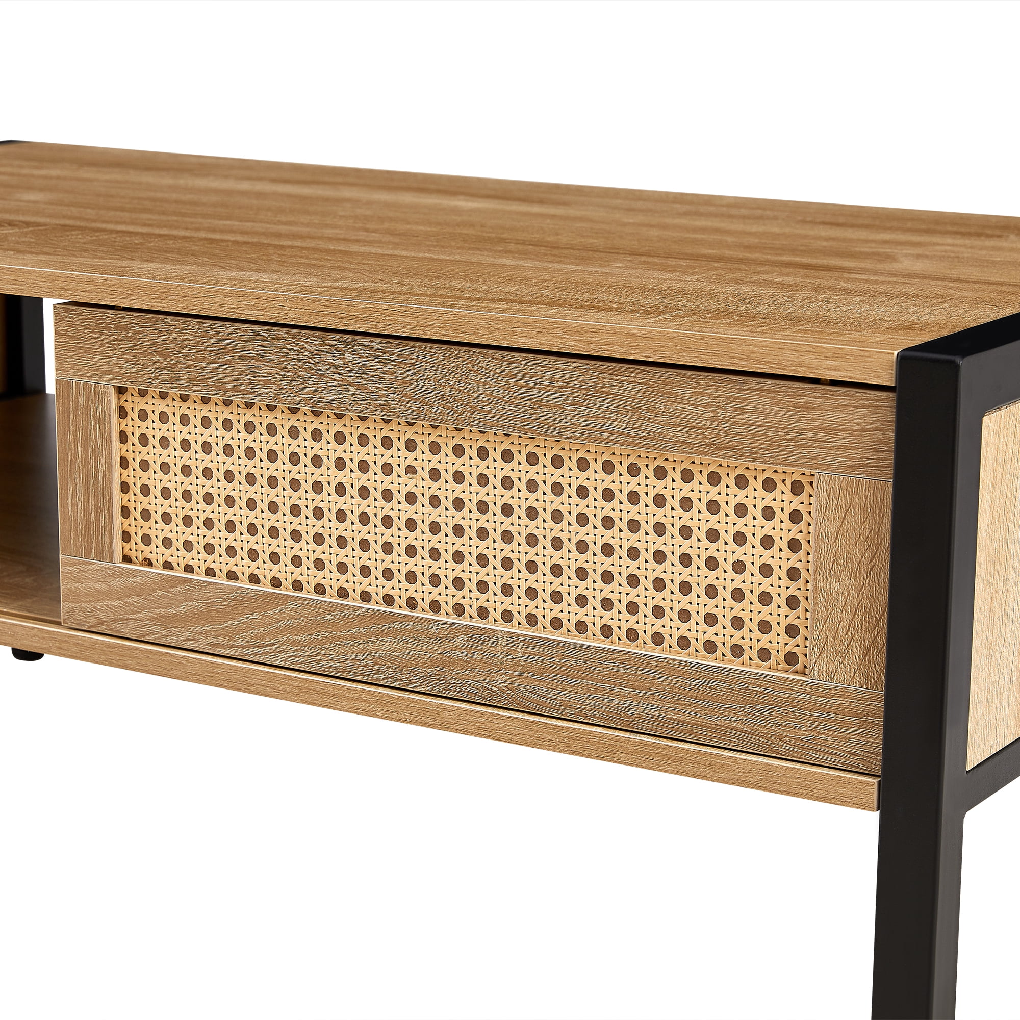 Rattan Coffee Table, Storage Coffee Table, Modern Living Room Table with Sliding Rattan Door, MDF Body and Metal Legs, 220LBS Capacity, 40.16" L x 21.26" W, Natural