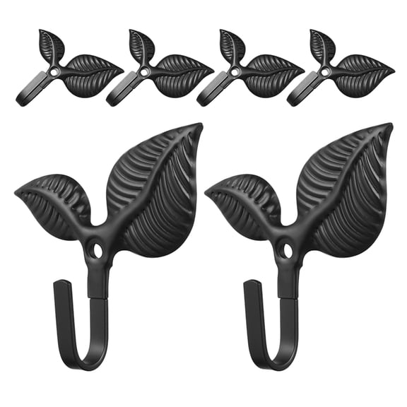 KONTONTY 6-Pack Black Wrought Iron Wall Hooks with Decorative Leaf Design for Hanging Coats, Bags, Scarves and More