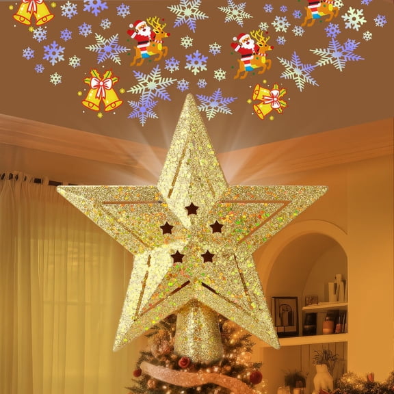 360° Rotating Gold Christmas Tree Topper Star with LED Projector Light – 2 Patterns, Sparkling Glitter Design, Plug-In Holiday Decor for Home & Party
