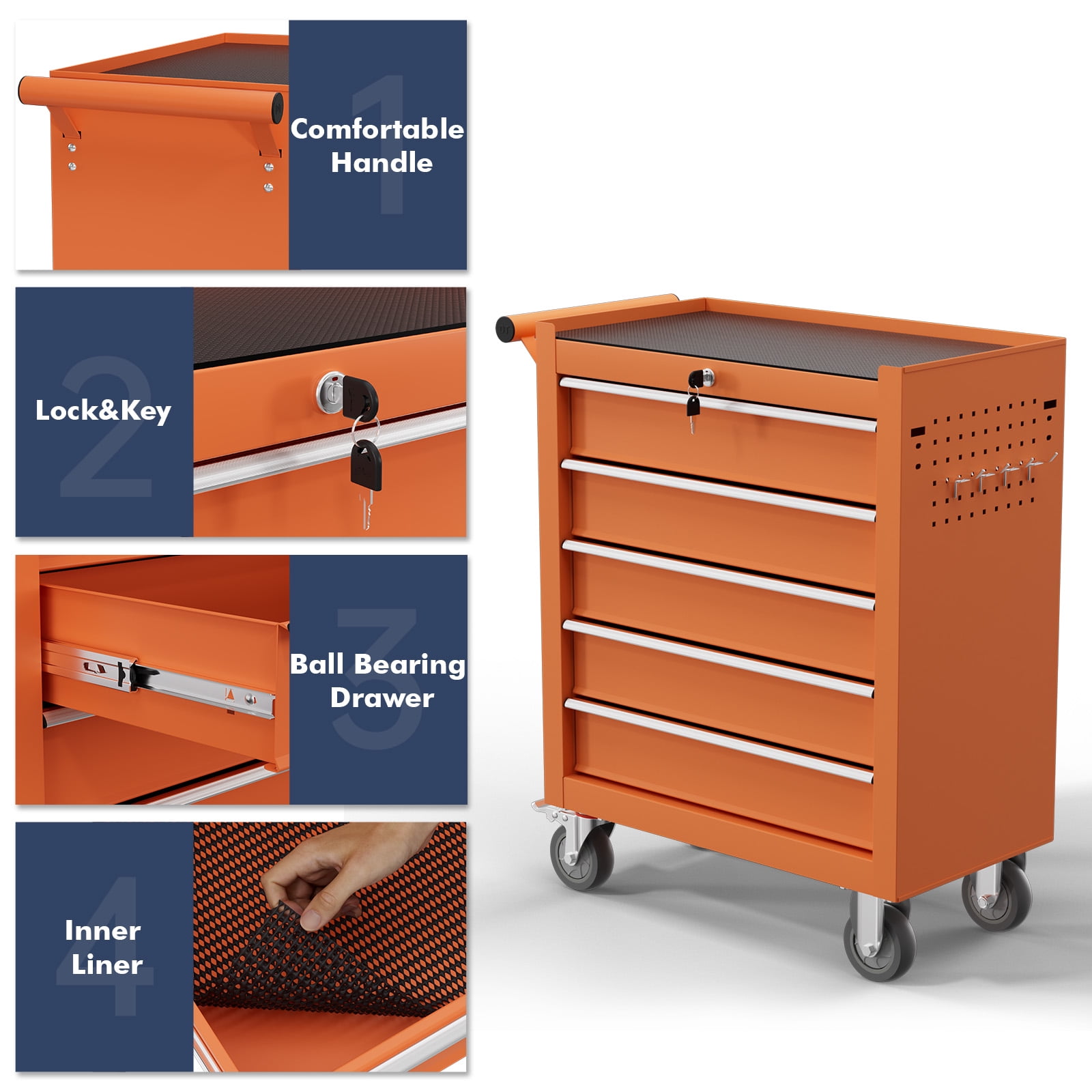 5-Drawer Tool Chest,Rolling Tool Cart with Wheels,High Capacity Tool Cabinet with Locking System for Garage, Warehouse, Workshop-Orange
