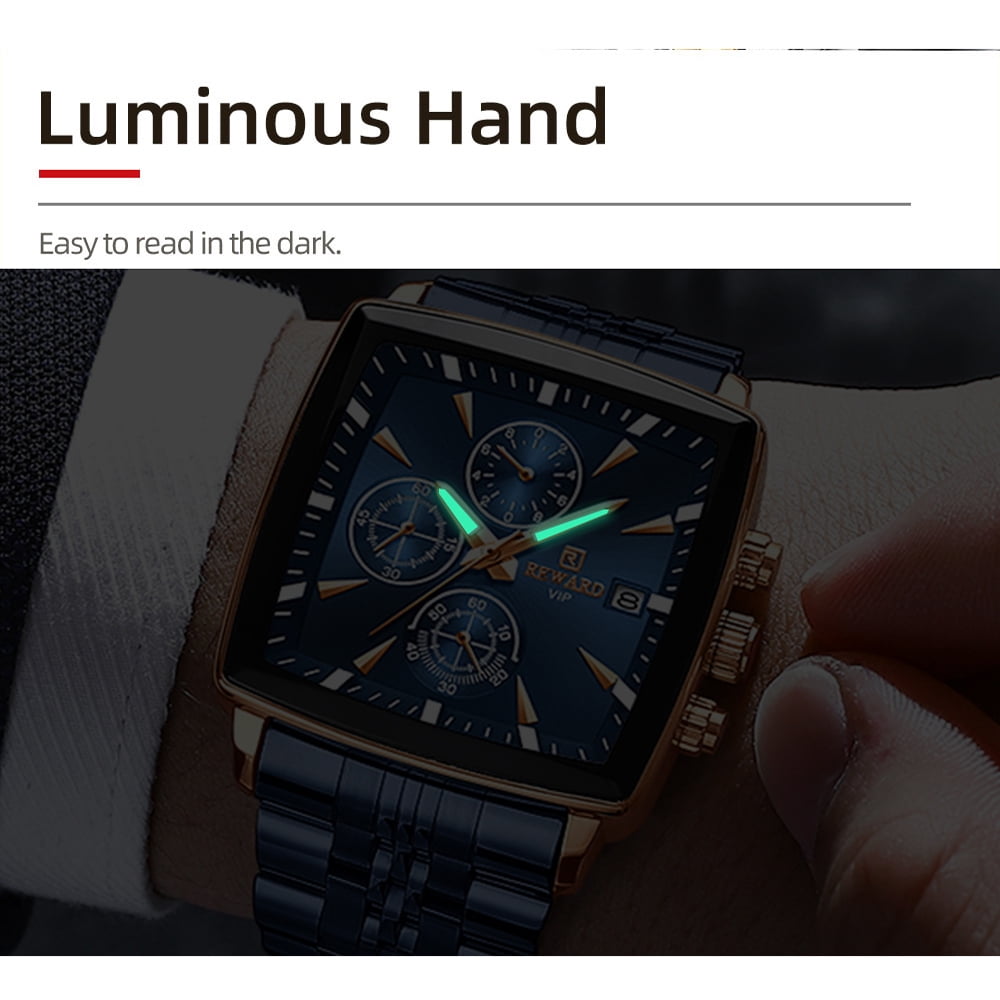 Square Watches for Men Blue Stainless Steel Chronograph Fashion Business Watch Luminous Waterproof Casual Wrist Watches