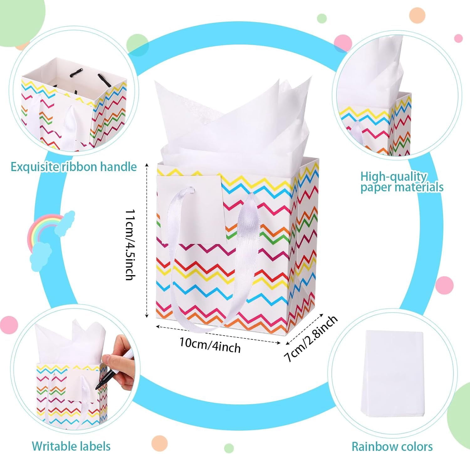 12 Pcs Small Gift Bags Mini Metallic Paper Bag Bulk Tiny with Handle Tissue Paper for Wrap Christmas Thanksgiving Halloween Birthday Party Favor Supply, 4 x 2.75 x 4.5 Inch