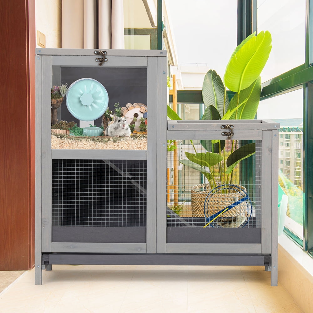 Kepooman Two Tyers Hamster Cage with Run & Ramp, Indoor Hutch for Small Animals with Pull-Out Tray, Grey Kepooman Two Tyers Hamster Cage with Run & Ramp, Indoor Hutch for Small Animals with Pull-Out Tray, Grey