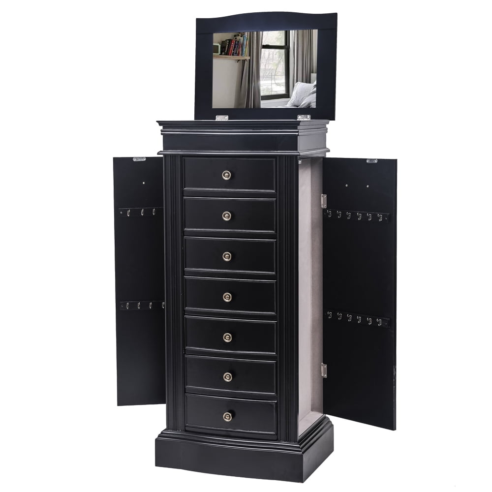 Classic Jewelry Armoire With Mirror 7 Drawers & 24 Necklace Hooks 2 Side Swing Doors Black