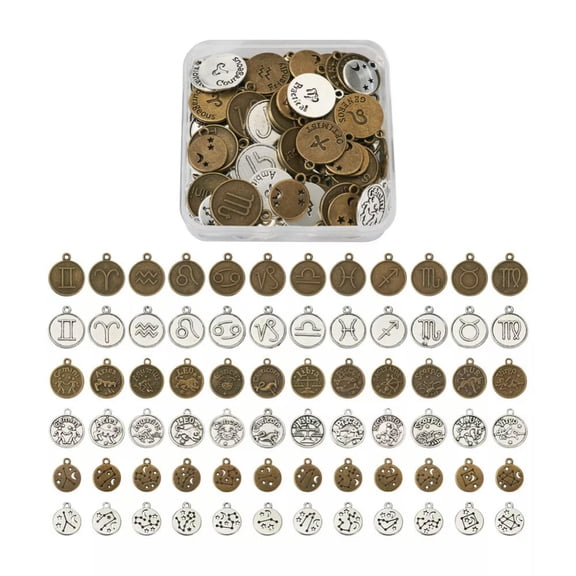 U8MO 72pcs Flat Round with 12 Constellations Tibetan Alloy Pendants Charms 17~21.5mm