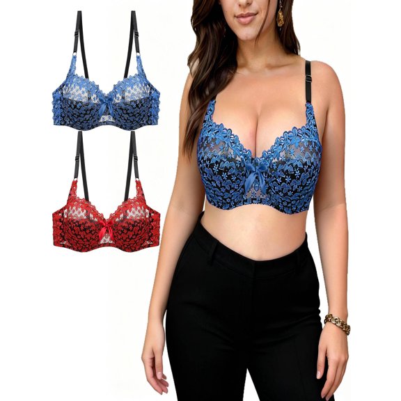 Zynoxe 2PC Plus Size Lace Balconette Bra with Bow Detail Supportive Underwire Push Up Bra Solid Color Everyday Underwear