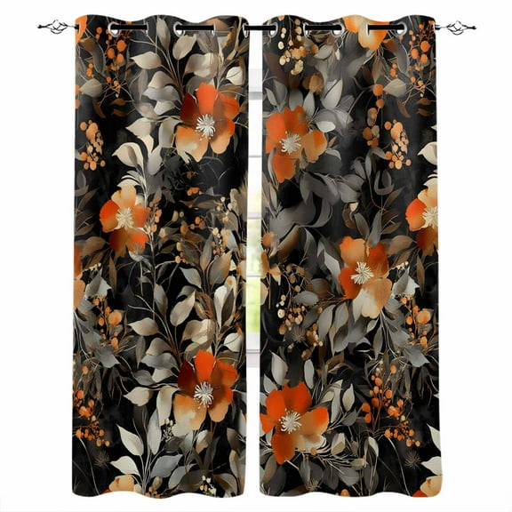 Fsddascl Orange Floral Blackout Curtains for Bedroom/Living Room, Thermal Insulated Kitchen Curtains, Vintage Rustic Black Botanical Leaves Grommet Darkening Window Treatment Drapes 52"x63"x2