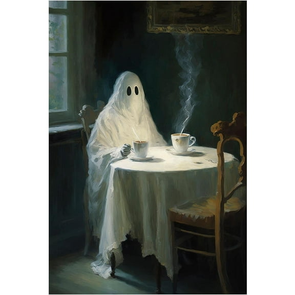 Aaheei Funny Halloween Poster Elegant Ghost Drinking Tea Wall Art Decor Dark Romantic Ghost Drinking Coffee Art Prints Creepy Dark Academia Wall Canvas for Home School Office Decor