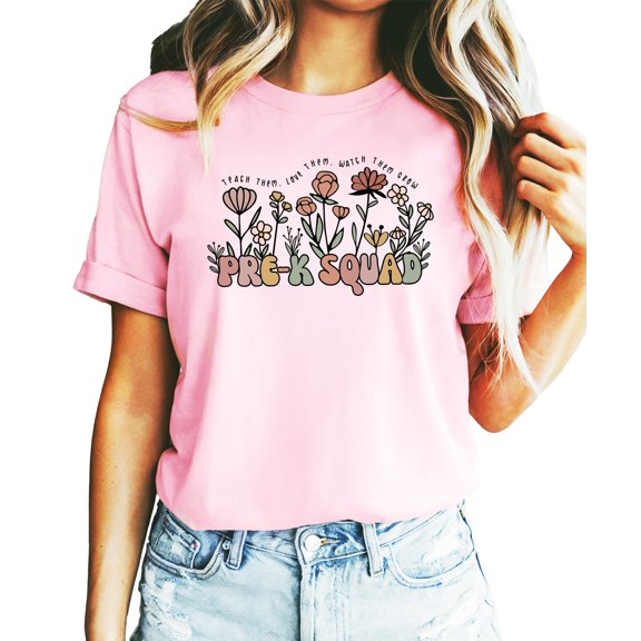 Pre-K Squad Teacher Shirt for Women Floral Teach Them Love Them Watch Them Grow Tee Pink Shirt Adult Large