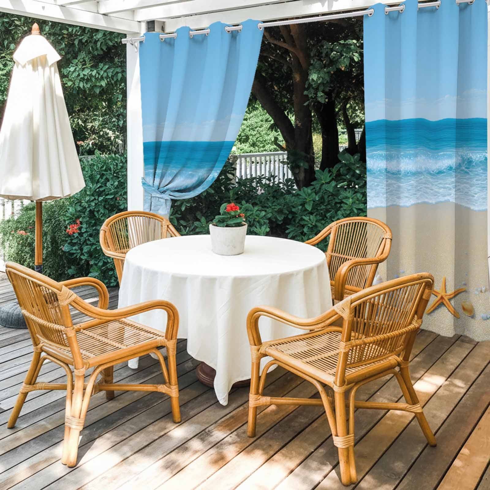 Summer Beaches Outdoor Curtains for Patio, Oceans Shells Starfish Conch Coastal Landscape Sunshade Privacy Drapes Grommet Waterproof Outside Curtains for Porch/Cabana/Balcony 54"x 108", 1 Panel