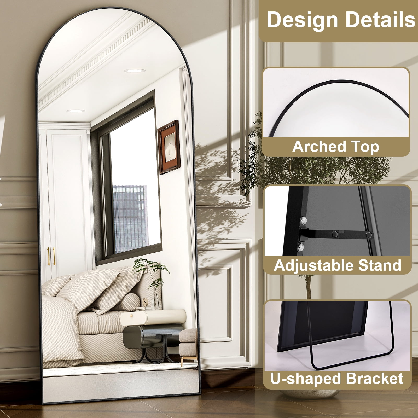 Dscont 19"x57" Arched Full Length Mirror Modern Floor Mirror with Aluminum Frame, Black