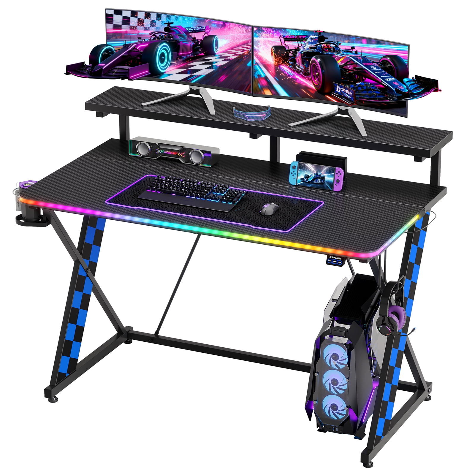 RSPGAME 43" Music Sync LED Gaming Desk,X-Shape Ergonomic Monitor Stand Gamer Table,PC Desk with Dynamic Lighting,Color Changing Office Desks,Blue Racing