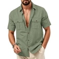 thumbnail image 2 of Mens Linen Button Down Shirt Short Sleeve Dual Chest Pocket Relaxed Fit Collared Open Front Casual Beach Overshirt, 2 of 8