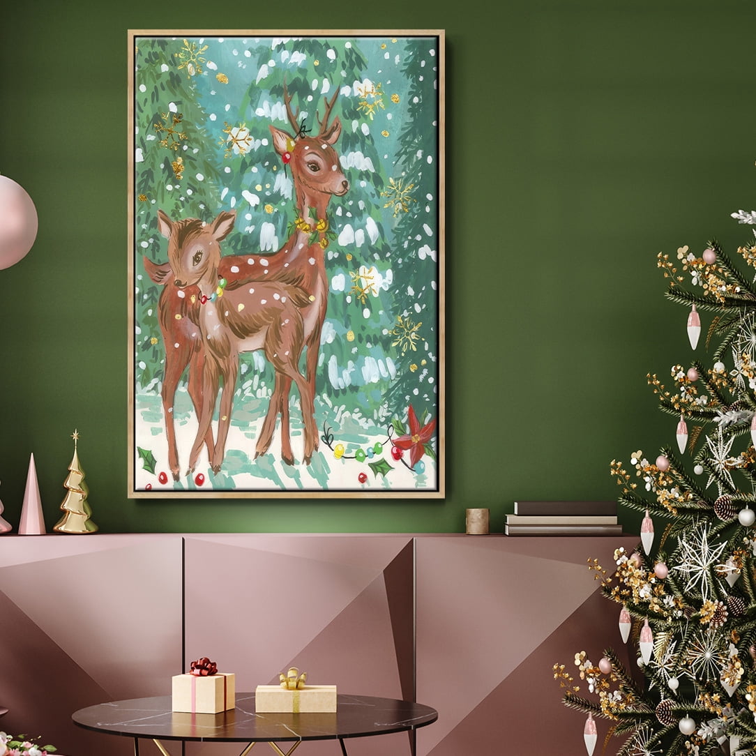 Doe and Fawn II - Framed Gallery Wrapped Holiday Canvas - 17 x 25 - Natural Wood Frame