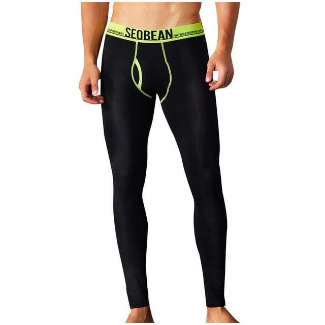 Mens Thermal Underwear Mens Print Cotton Breathable Sports Leggings Thermal Long Johns Underwear Pants in black with a neon green elastic waistband featuring the brand name 'SEO BEAN.' Made from 92% cotton and 8% spandex, these leggings are designed for casual and daily wear during autumn and winter. Available in sizes M to XXL with a snug fit and breathable material.