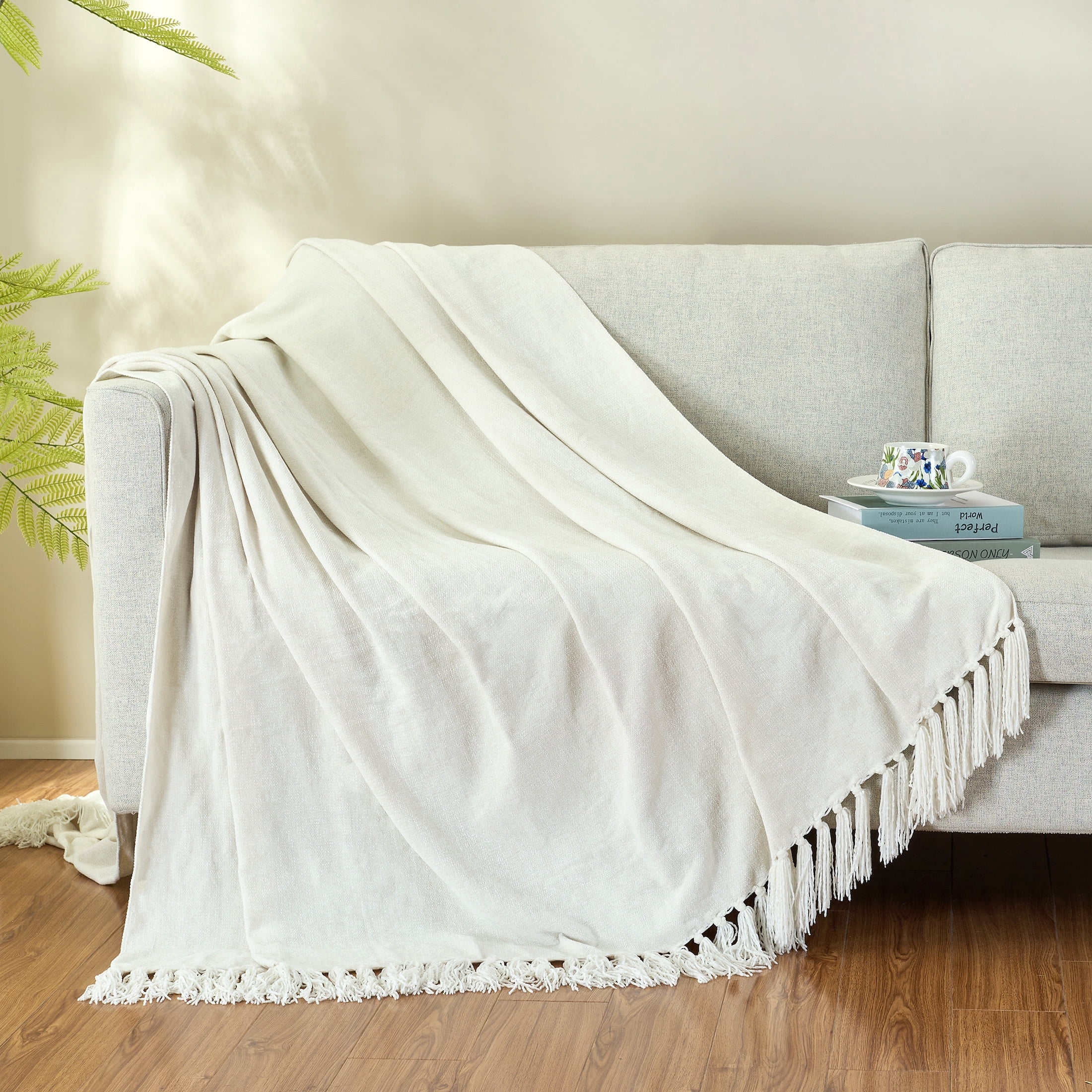 LONG CREATE Chenille Throw Blanket with Fringe Tassel for Couch Sofa Chair Bed, White 60" x 80"
