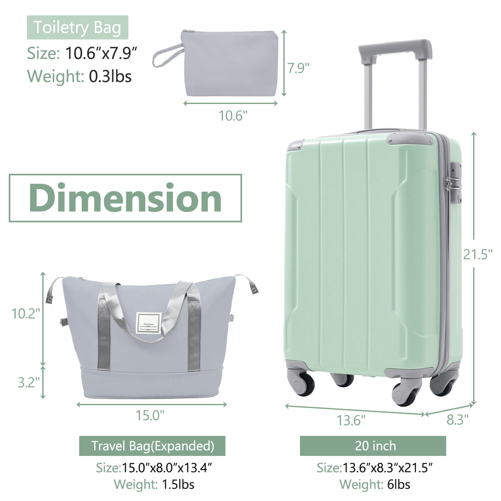 Hardside Suitcase, 20 Inch Carry On Luggage Set 3 Piece with Spinner Wheels, Lightweight Hardshell ABS Suitcase for Weedend Getaways, Business Travel, Soft Lime Hardside Luggage