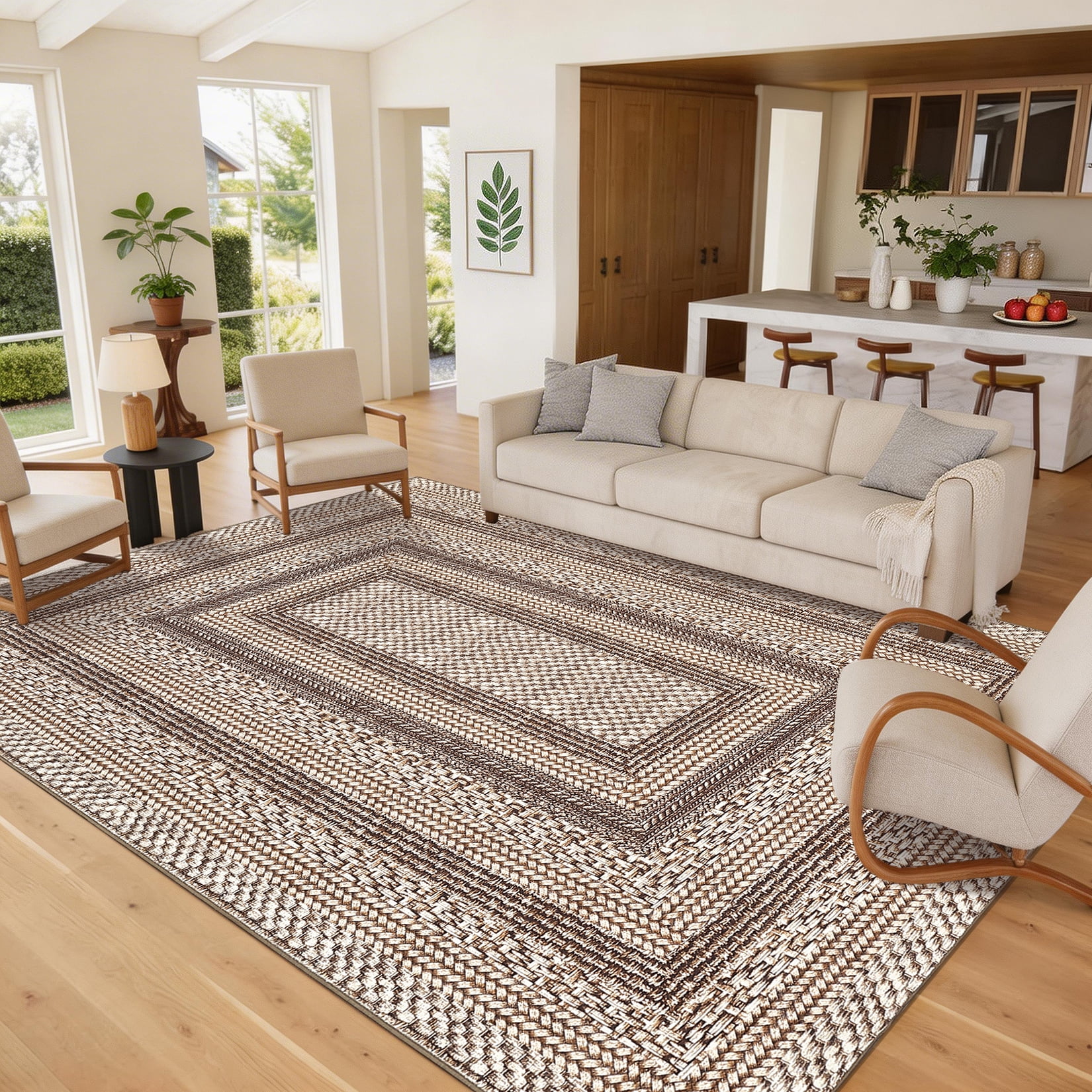 HIWEAVER Brown Foldable Area Rug for Living Room 4' x 6' Washable Bordered Digital Printed Geometric Indoor Carpet Decor