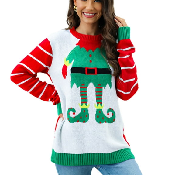 BangWanChi Christmas Sweater for Women Women's Christmas Sweater Long Sleeved Round-neck