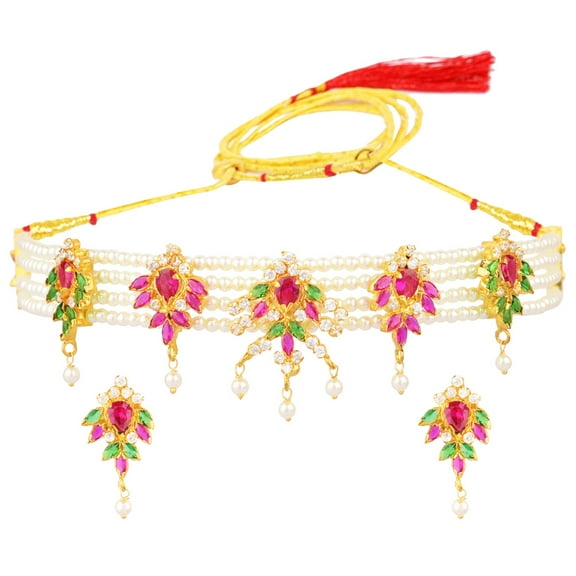 Efulgenz Indian Jewelry Set CZ Cubic Zirconia Faux Pearl Multicolor Layered Strand Beaded Choker Necklace Earrings Set, Multicolor