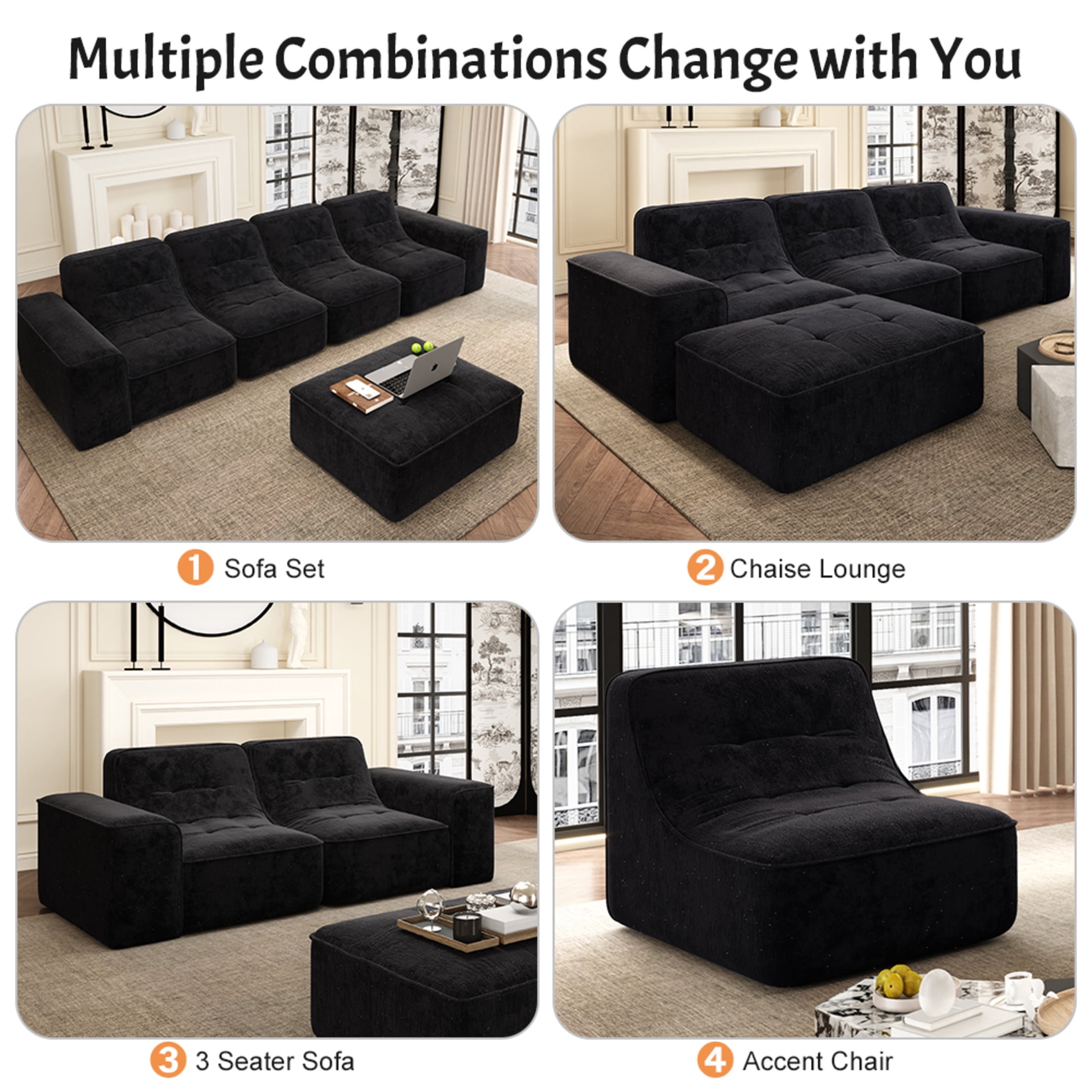Noble House 144" Modular Sectional Sofa, Tufted Sparkling Chenille Deep Seat Couch with Ottoman, Accent Chair, Black