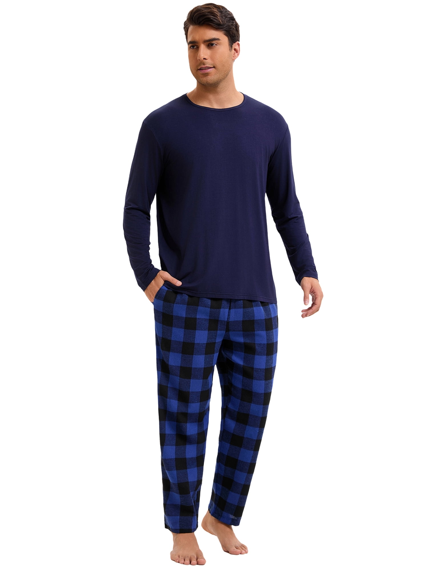 DARING DIVA Men's 2-Piece Long Sleeve Solid Nightwear Plaid Pants Set 2XL Dark Blue