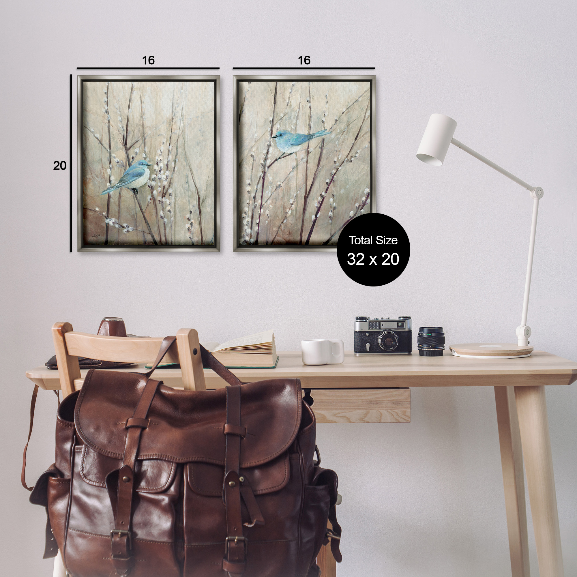 Stupell Industries Peaceful Perched Blue Birds Animals & Insects Painting Gray Floater Framed Canvas Art Print Wall Art, 17 x 21, Set of 2