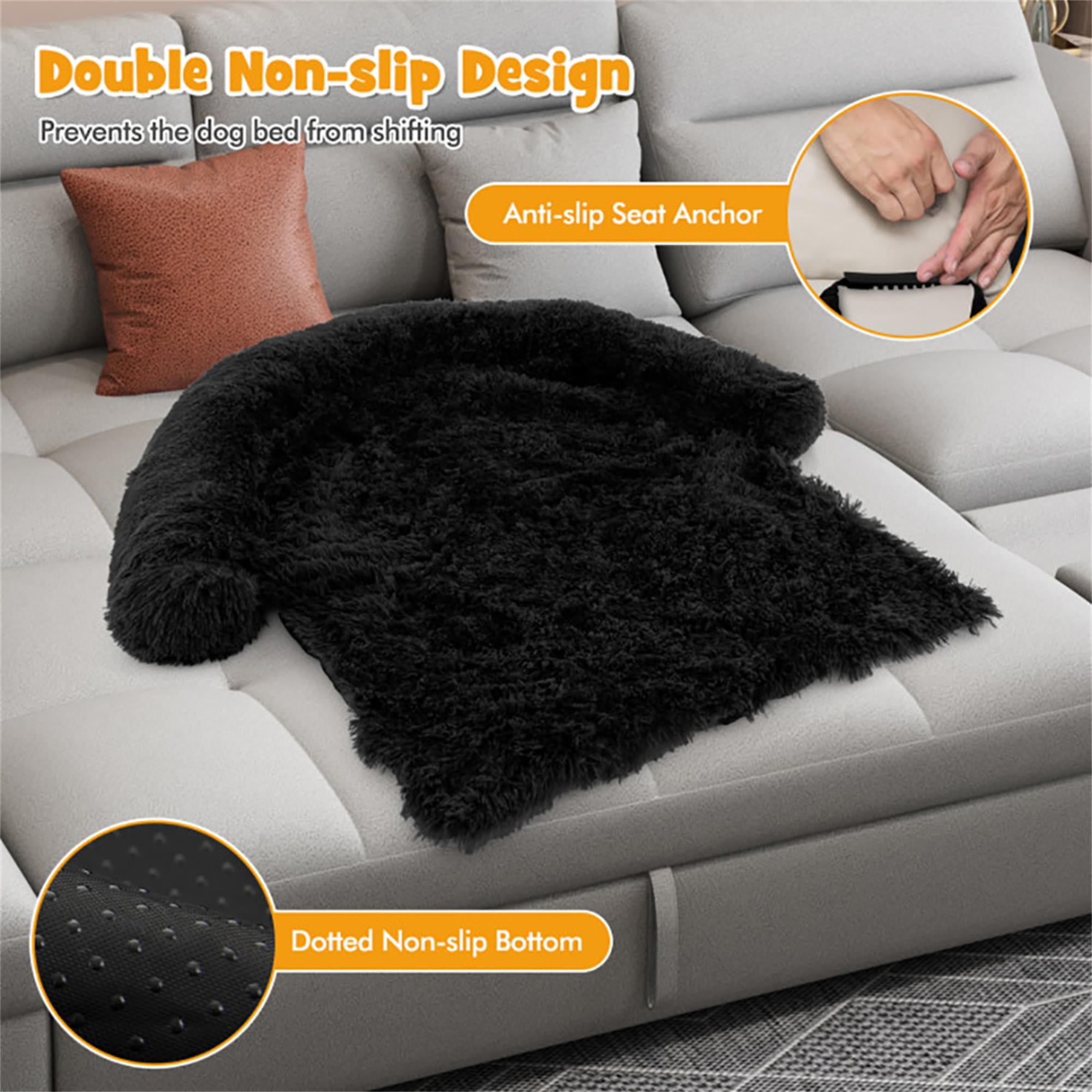 Kadyn 47" Plush Long Fur Dog Couch Bed, Dog Bed Mats with Anti-Slip Bottom, Washable Removable Couch Cover, Perfect for Medium and Large Dogs Cats, Black-L