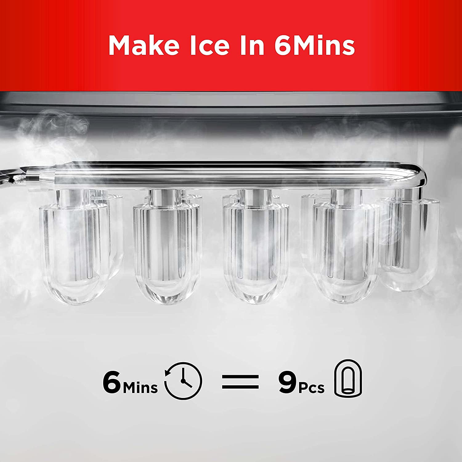 Countertop Ice Maker Machine, 9 Cubes in 6 Mins, 26lbs/Day Self-Cleaning with Scoop & Basket, 2 Ice Sizes for Home Kitchen Office Bar Party, Red