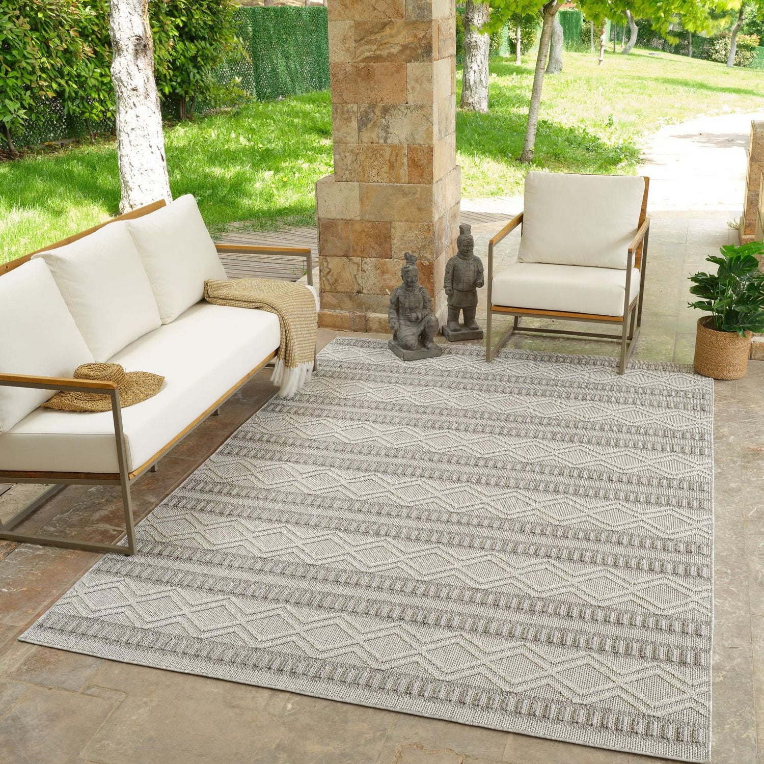 Tapis d'interieur exterieur abstrait Rug Branch Hogar, gris beige, moderne - Salon, chambre, salle a manger et cuisine