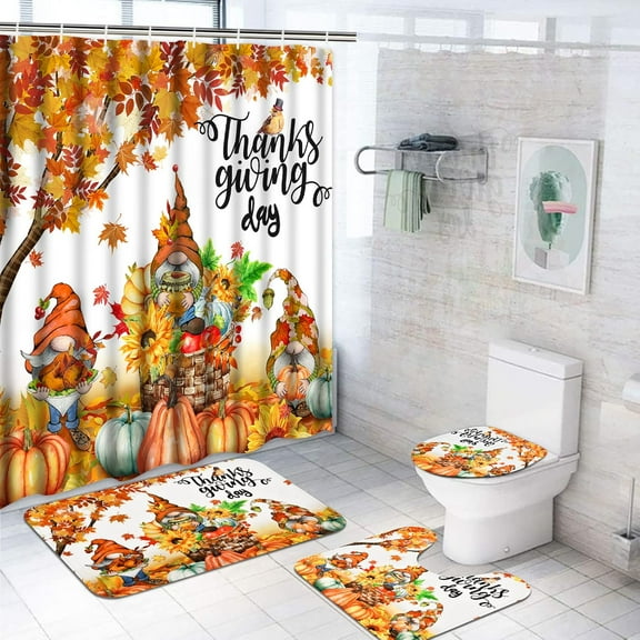 4 Pcs Thanksgiving Shower Curtain with Non-Slip Rugs, Toilet Lid Cover and Bath Mat, Fall Pumpkin Gnome Shower Curtain with 12 Hooks, Autumn Maple Leaves Shower Curtains for Bathroom