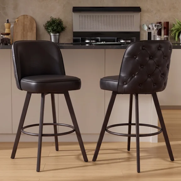 iooHug Set of 2 30.5" Counter Height Swivel Bar Stools, Button-Tufted Back Faux Leather Kitchen Island Chairs with Metal Frame, Black
