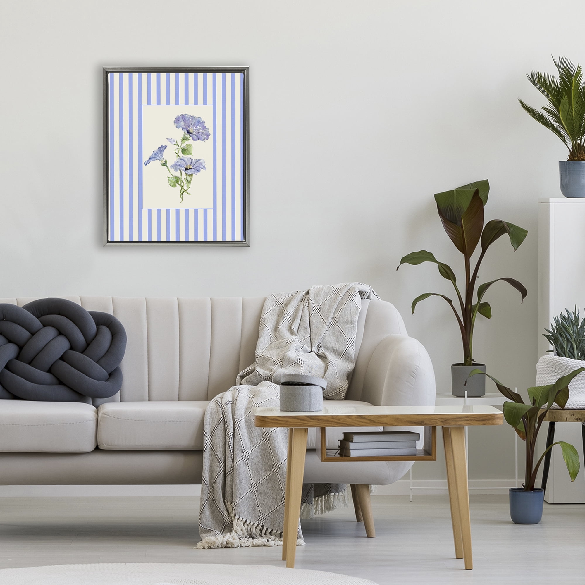 Blue Stripe Morning Glory Gray Framed Floater Canvas Wall Art, design by Lisa Wehmeyer