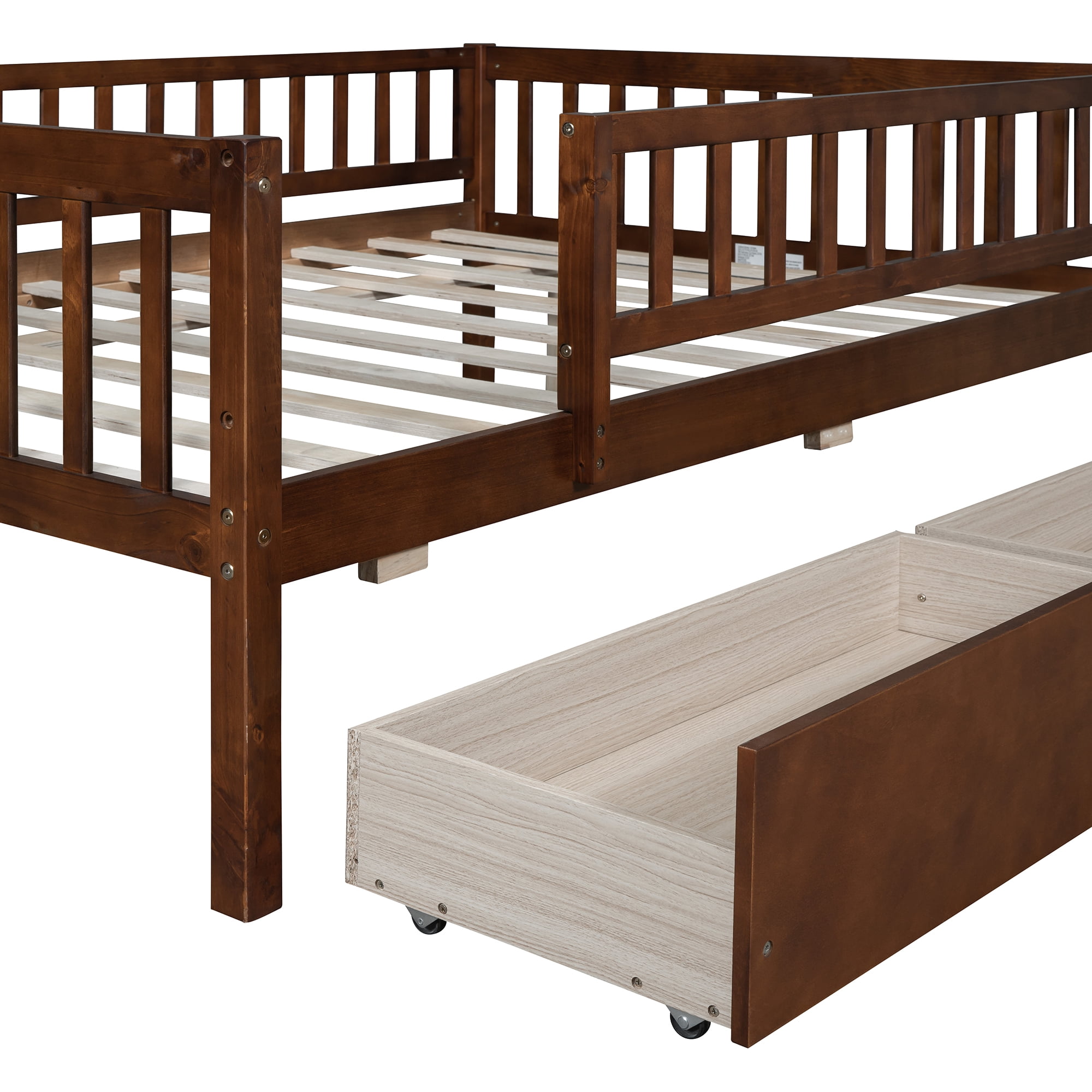 Bellemave Full Daybed with Storage and Fence, Wooden Full Size Platform Bed with Rails and 2 Drawers, Low Loft Bed Frame for Teens (Natural)