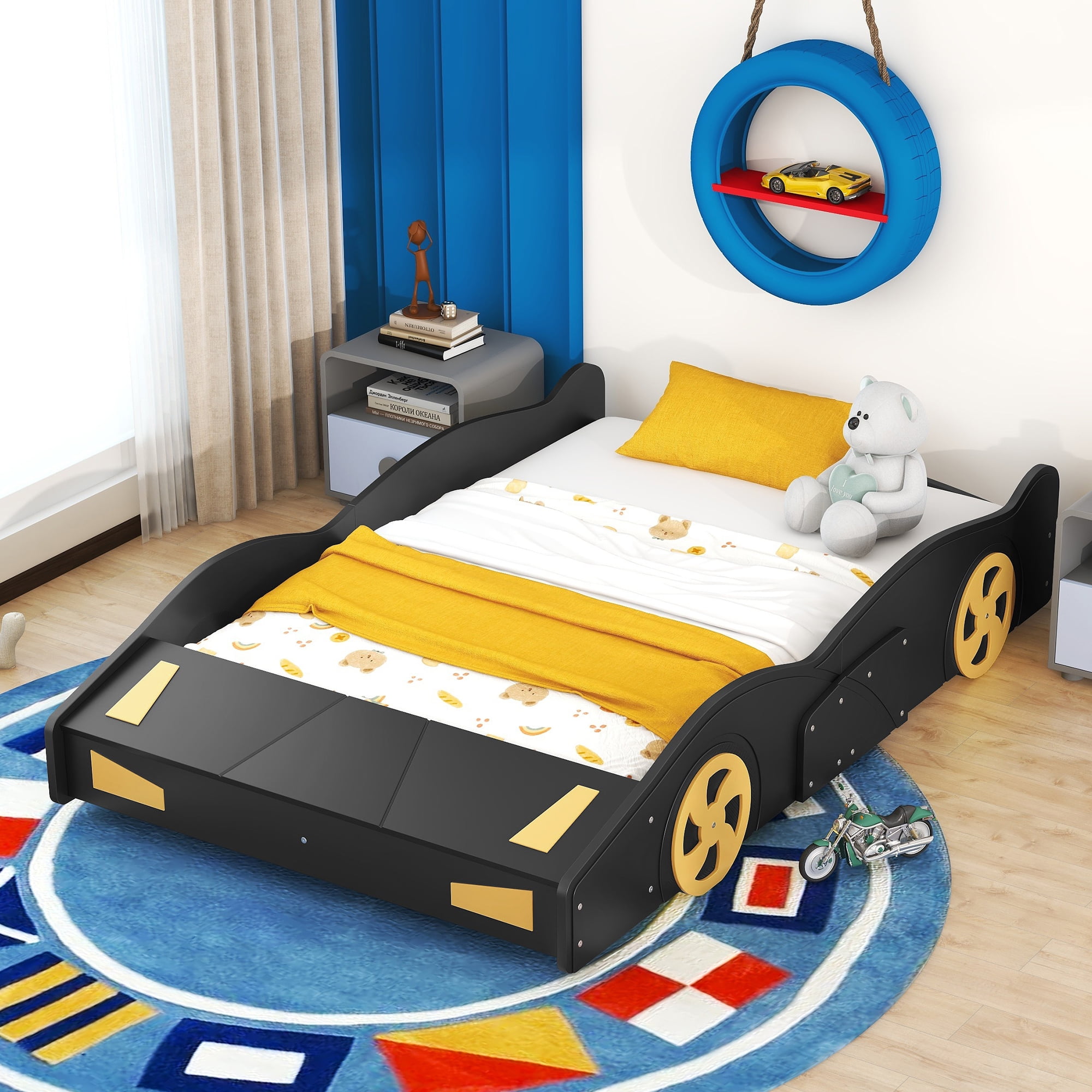 Harper & Bright Designs Full Size Race Car Bed Platform Bed for Kids, Wood Car-Shaped Kids Bed Frame with Storage and Wheels for Boys Girls, Black