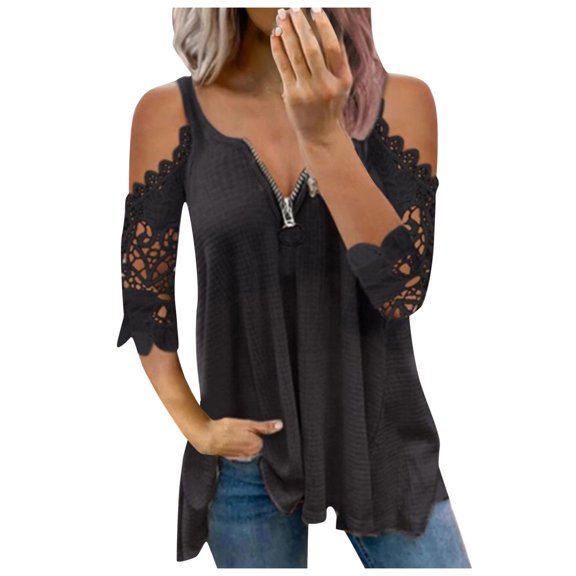 TODOZO Womens Lace Tunic Summer Top, Zipper V-Neck Blouses, Short Sleeve Strapless Casual T-Shirt, Loose Fit Cold Shoulder Tops for Women 3/4 Sleeve Solid Color Blouses Shirt Black L