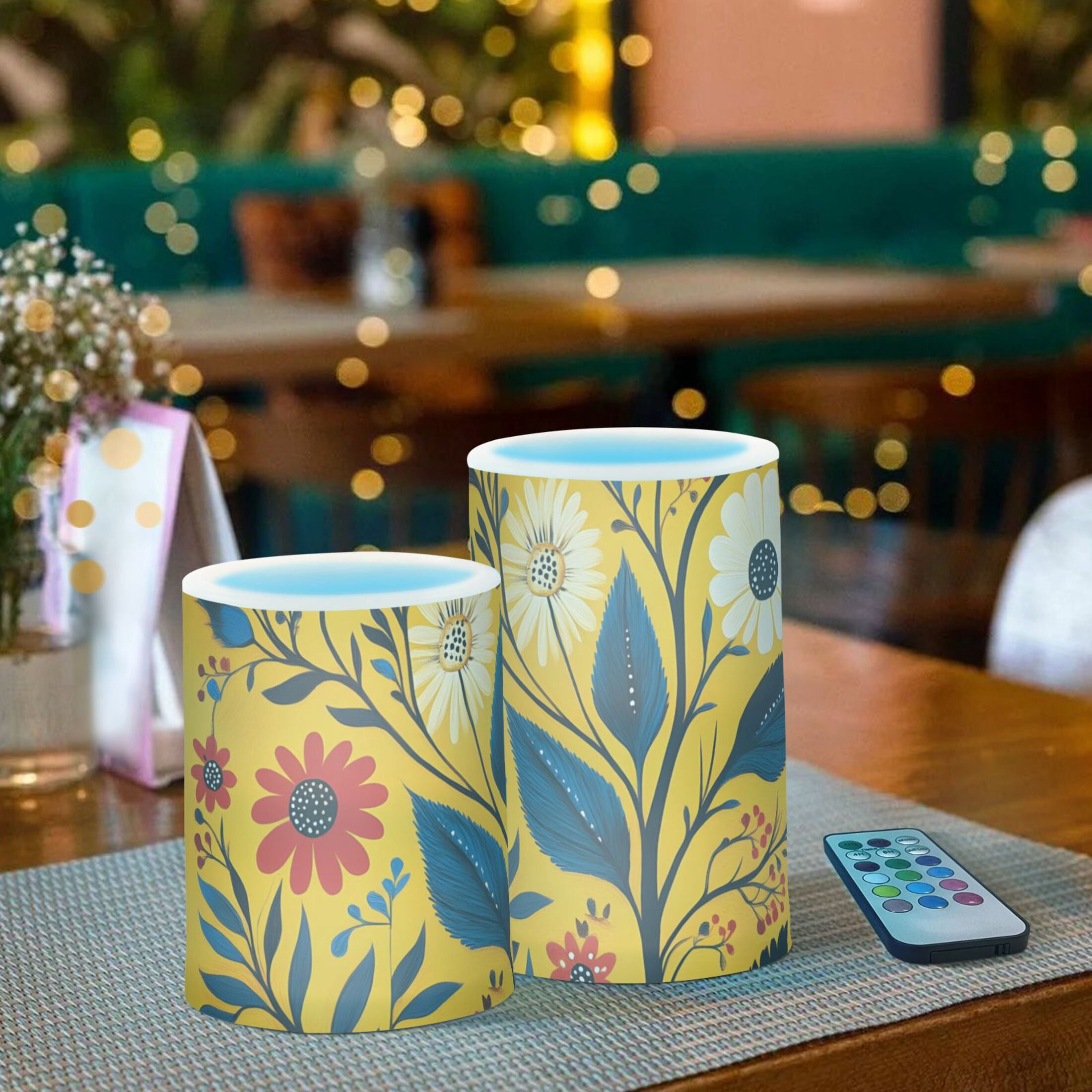 Floral Illustration Yellow Background Flickering Flameless Candles Battery Operated with Remote Timer LED Pillar Candles Set of 2