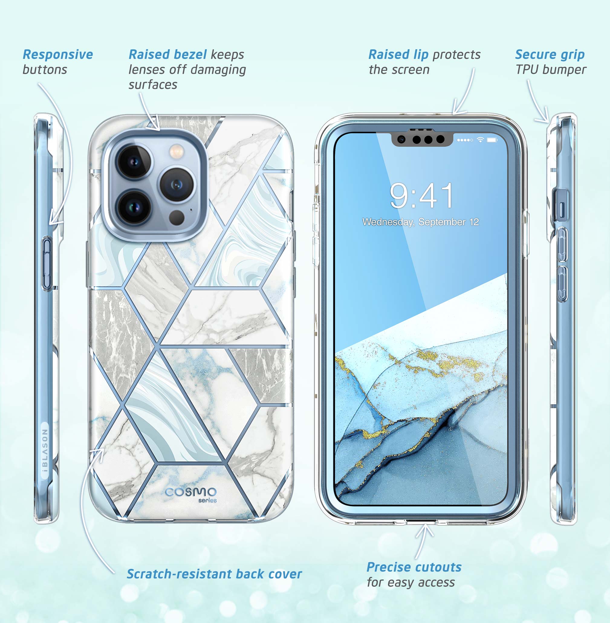 i-Blason Cosmo Slim Full-Body Case for iPhone 13 Pro Max 6.7" (2021), Screen Protector, Coast
