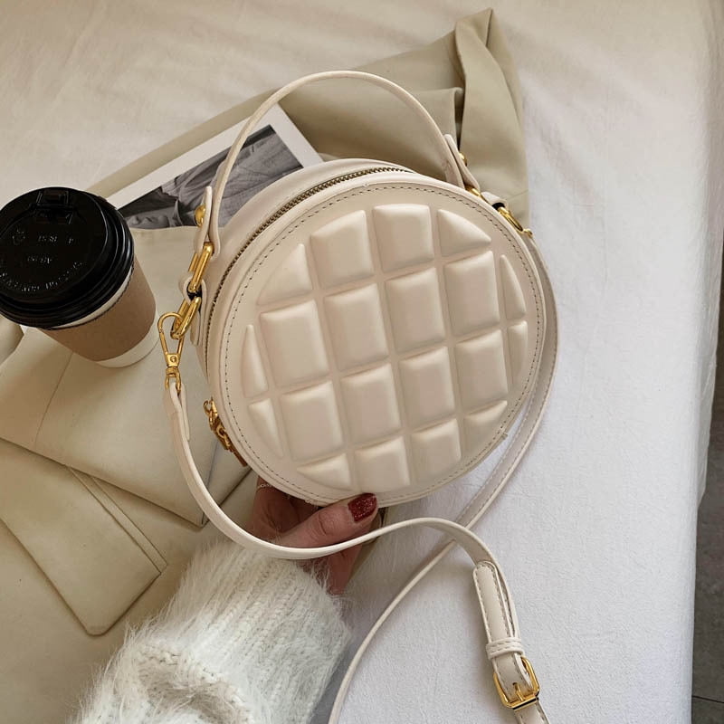 Baguery Quilted Round Crossbody Bag for Women - Faux Leather Compact Shoulder Purse (7.48×2.95×7.48in)