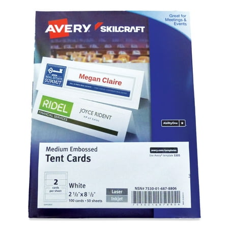 AbilityOne 7530016878806 SKILCRAFT/AVERY Tent Cards  White  2.5 x 8.5  2 Cards/Sheet  100 Cards/Box