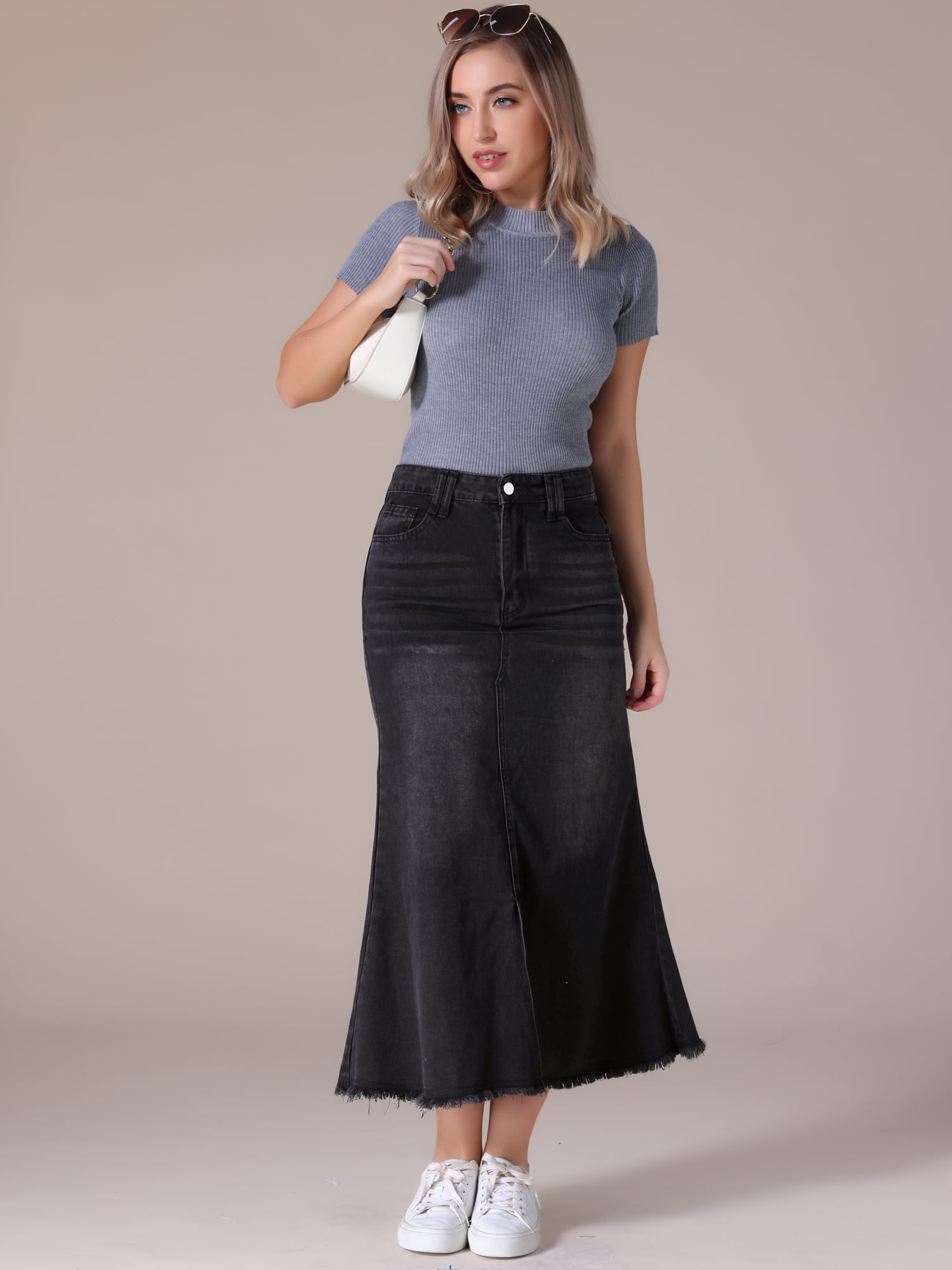 Unique Bargains Women's Long Denim Skirts Split A-Line Fishtail Jean Skirt M Black
