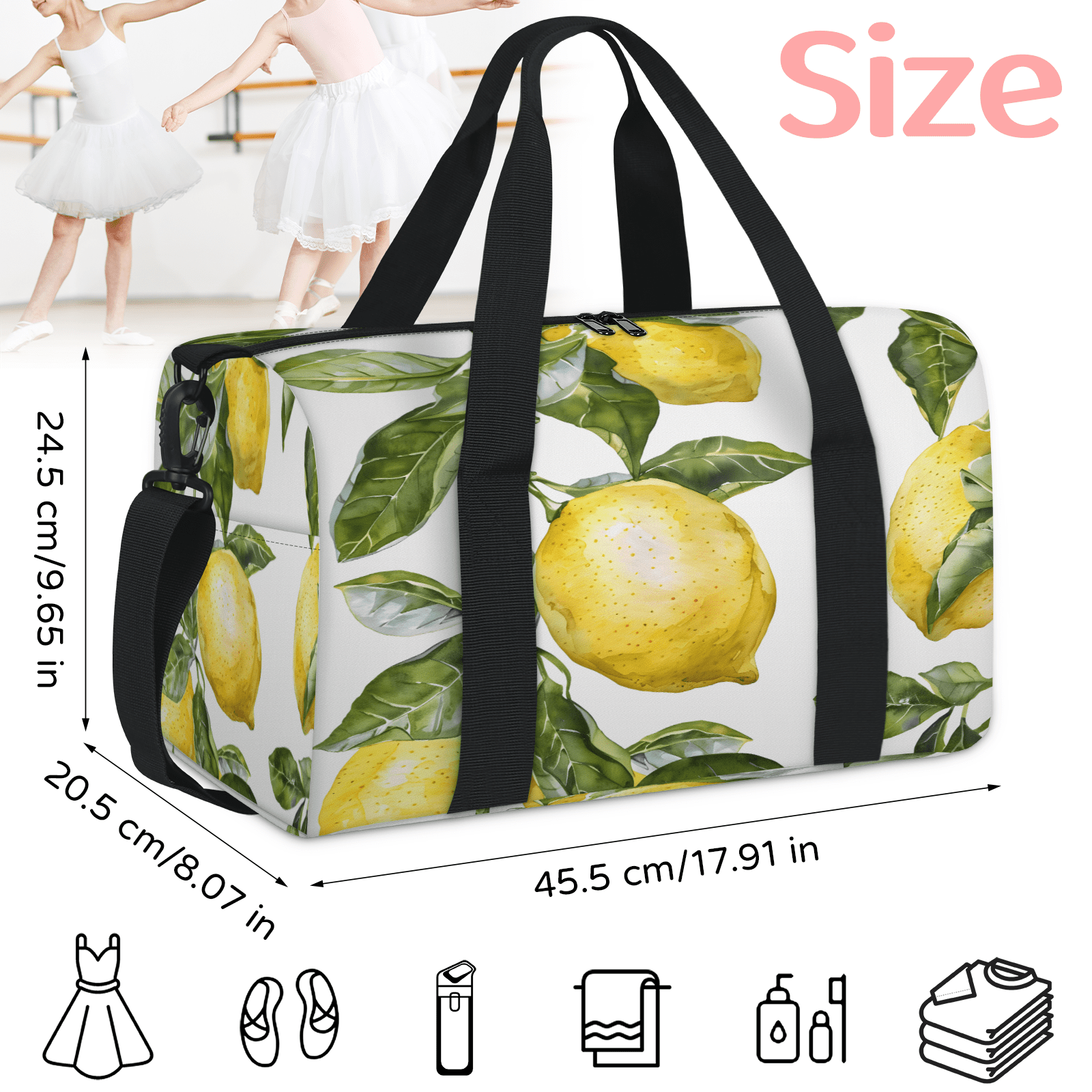 Herdesigns Lemon Fruit Gym Bag for Women, Duffle Bag for Travel Sport, Lightweight Waterproof Carry on Weekender Overnight Dance Yoga Workout Bags