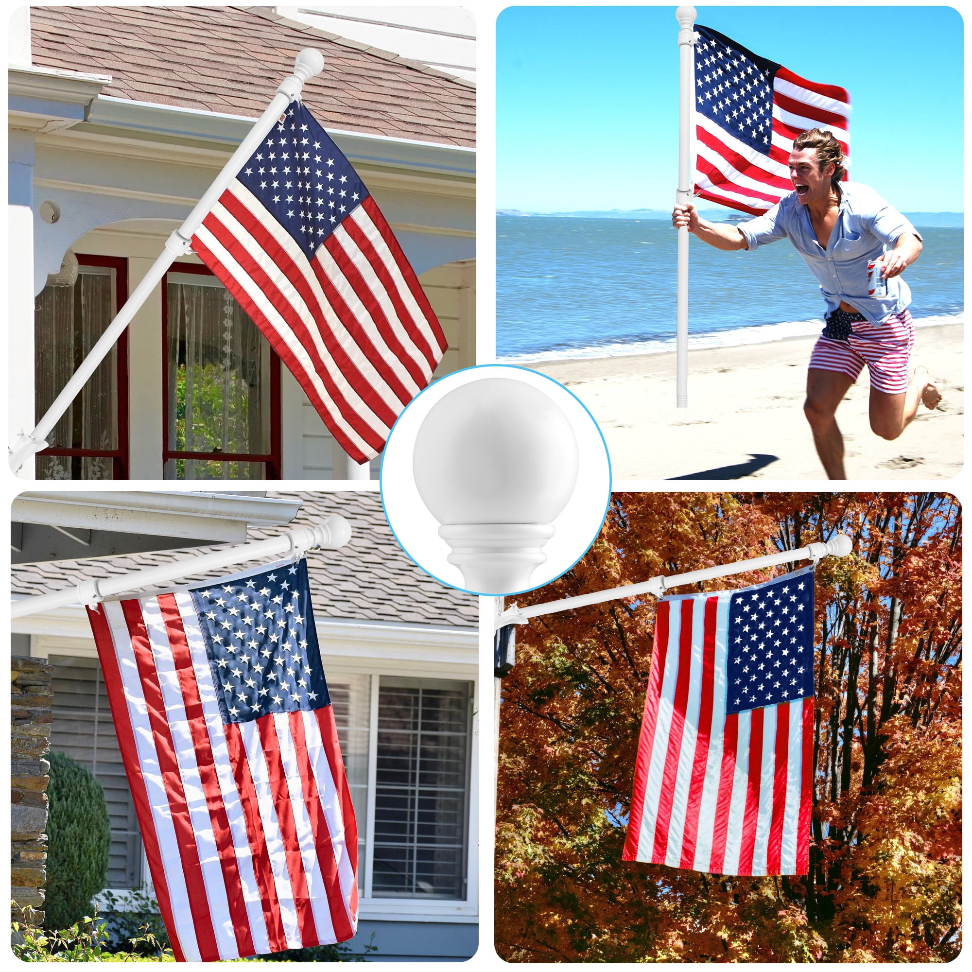 Widyana Metal Flag Pole 6Ft, Include a 3x5Ft US Flag, a Holder, Two No-Tangle Rings, 1 Set, White